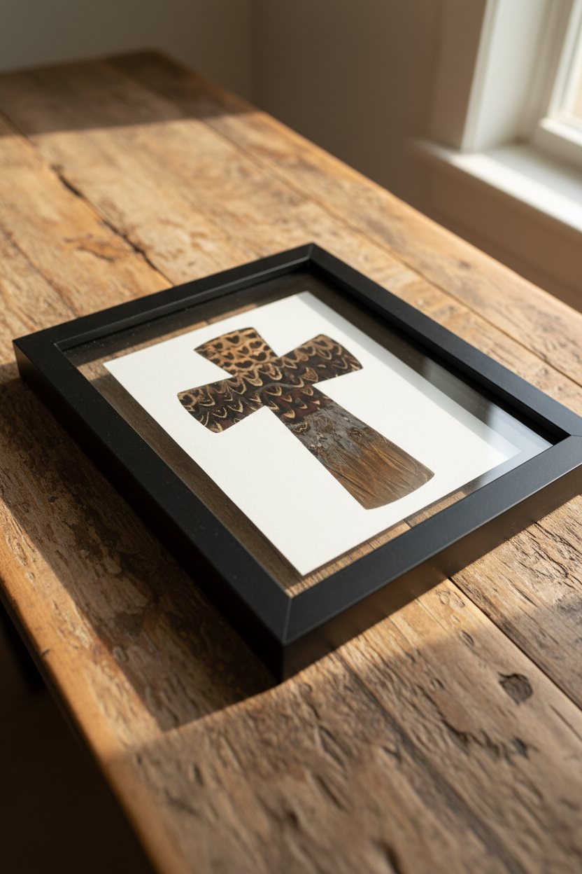 Pheasant feather cross art displayed on rustic wood background