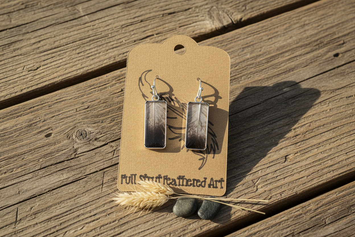 Duck feather rectangle earrings styled on a rustic weathered wood surface