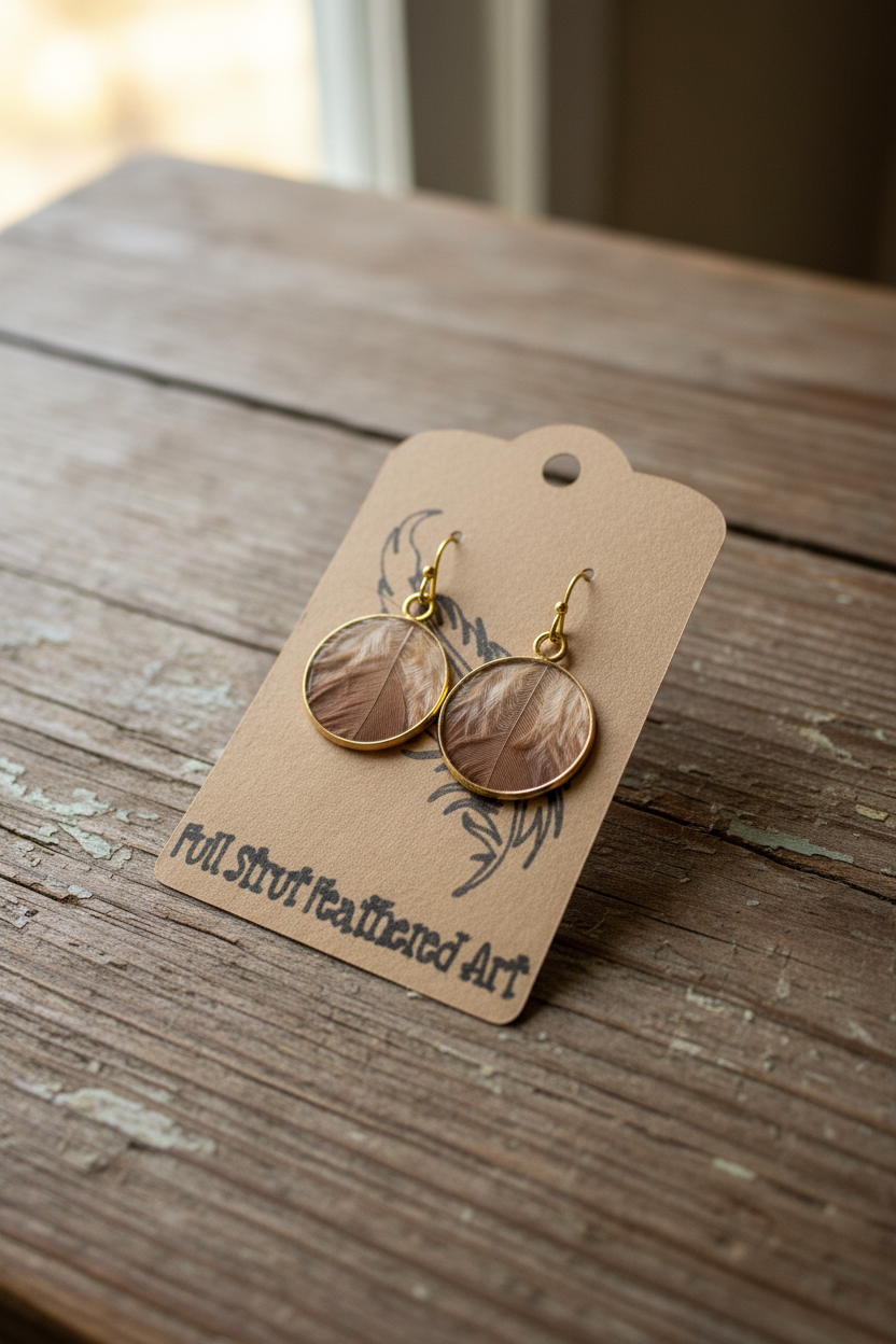 Blush and cream feather circle earrings with gold bezel on rustic wood background