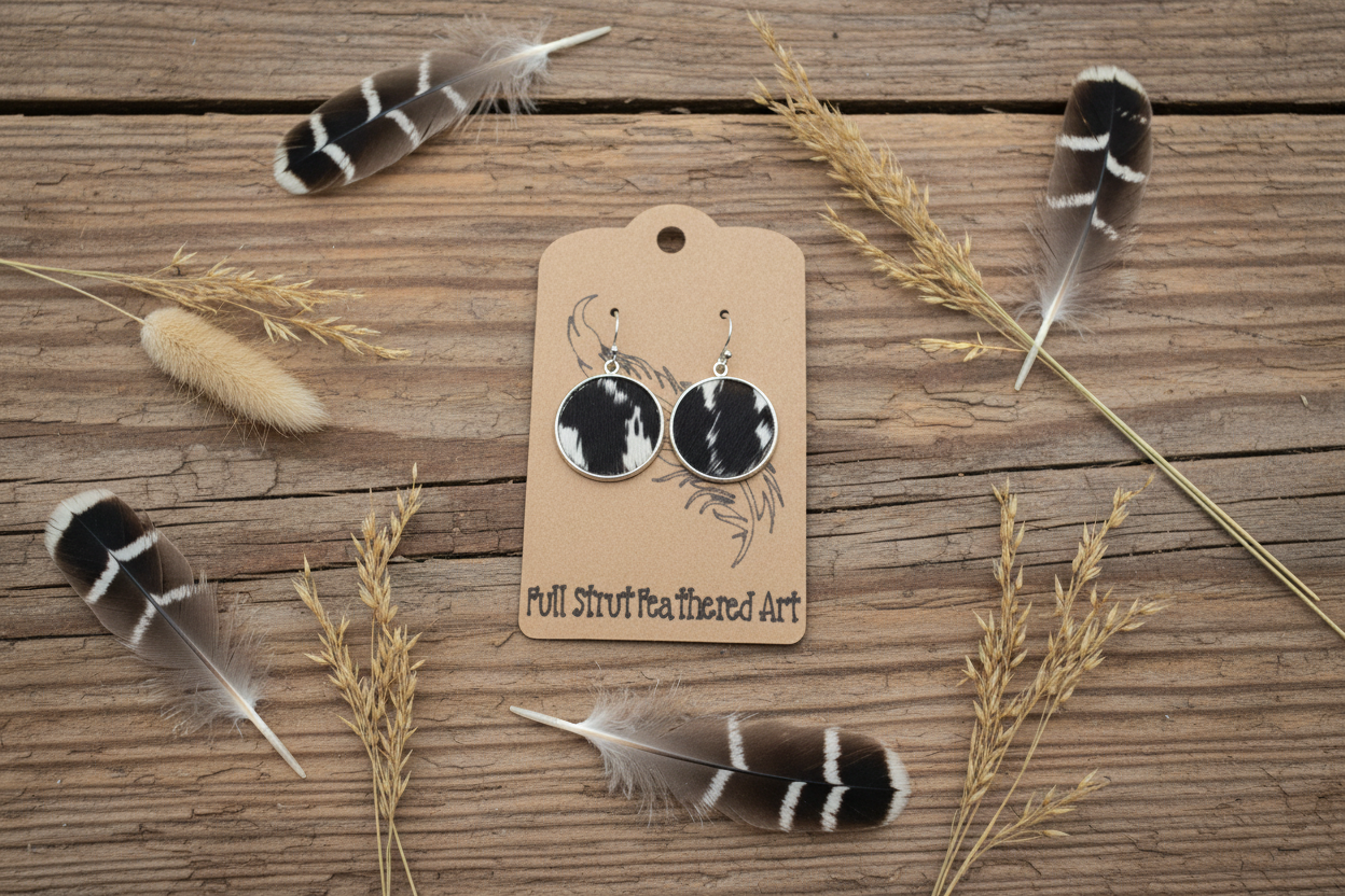 Rustic flat lay of Shadow & Light turkey wing feather earrings on weathered barn wood