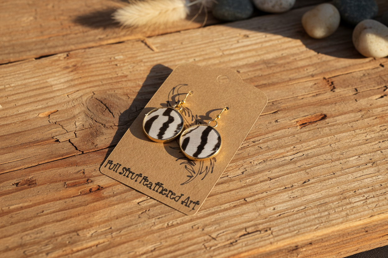 Silver pheasant feather circle earrings styled on a rustic weathered wood surface