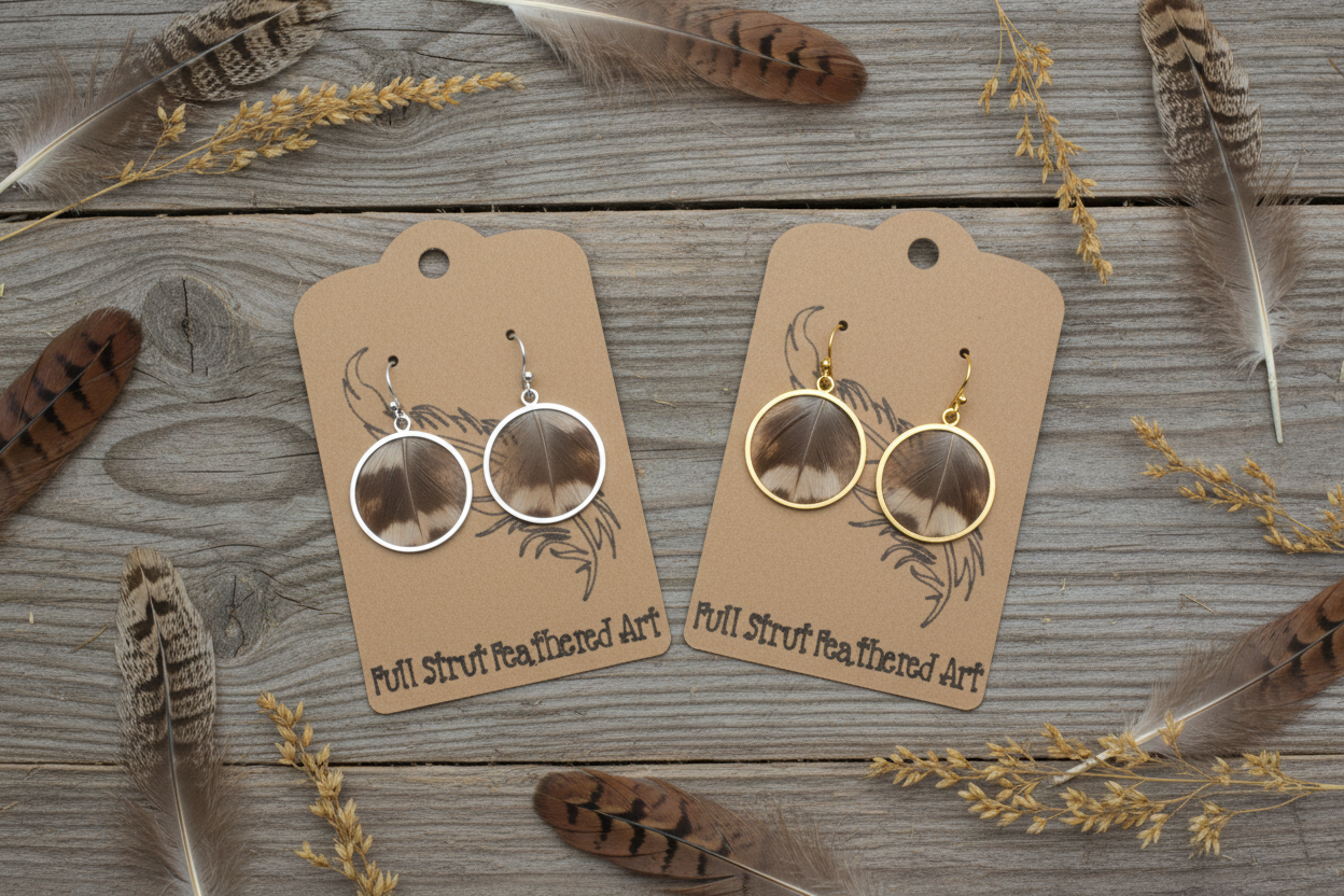 Rustic flat lay of Field & Stream pheasant feather open bezel earrings in gold and silver on weathered barn wood