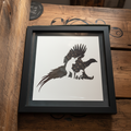 Pheasant feathered silhouette art displayed on rustic wood background