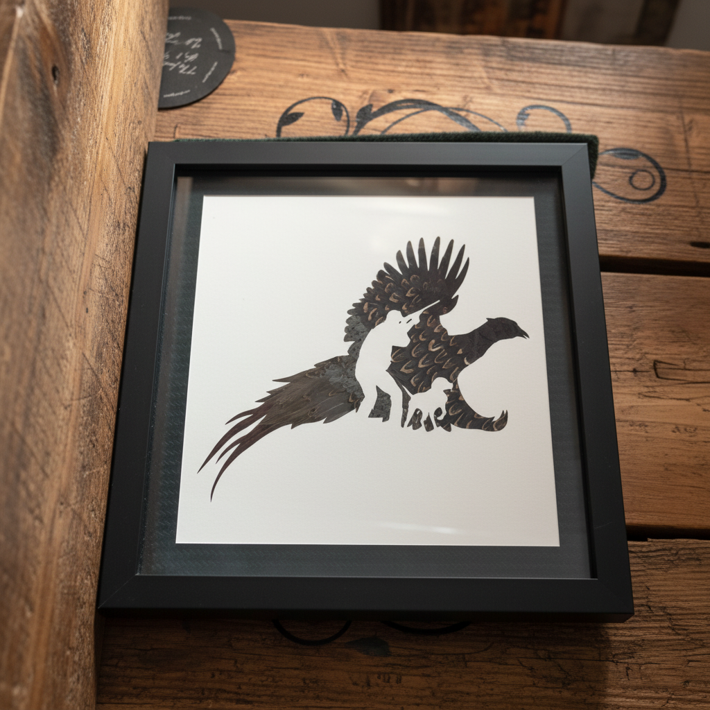 Pheasant feathered silhouette art displayed on rustic wood background