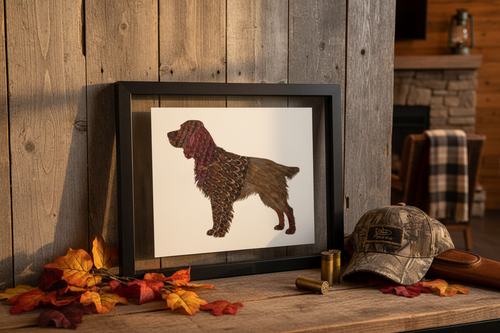 Boykin Spaniel feather art displayed in a rustic barn wood setting with warm golden hour lighting