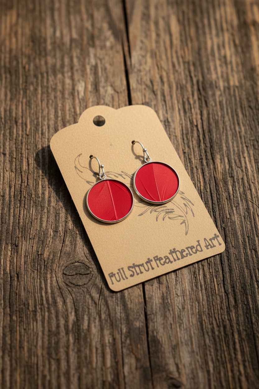 Red feather circle earrings with silver bezel on rustic wood background