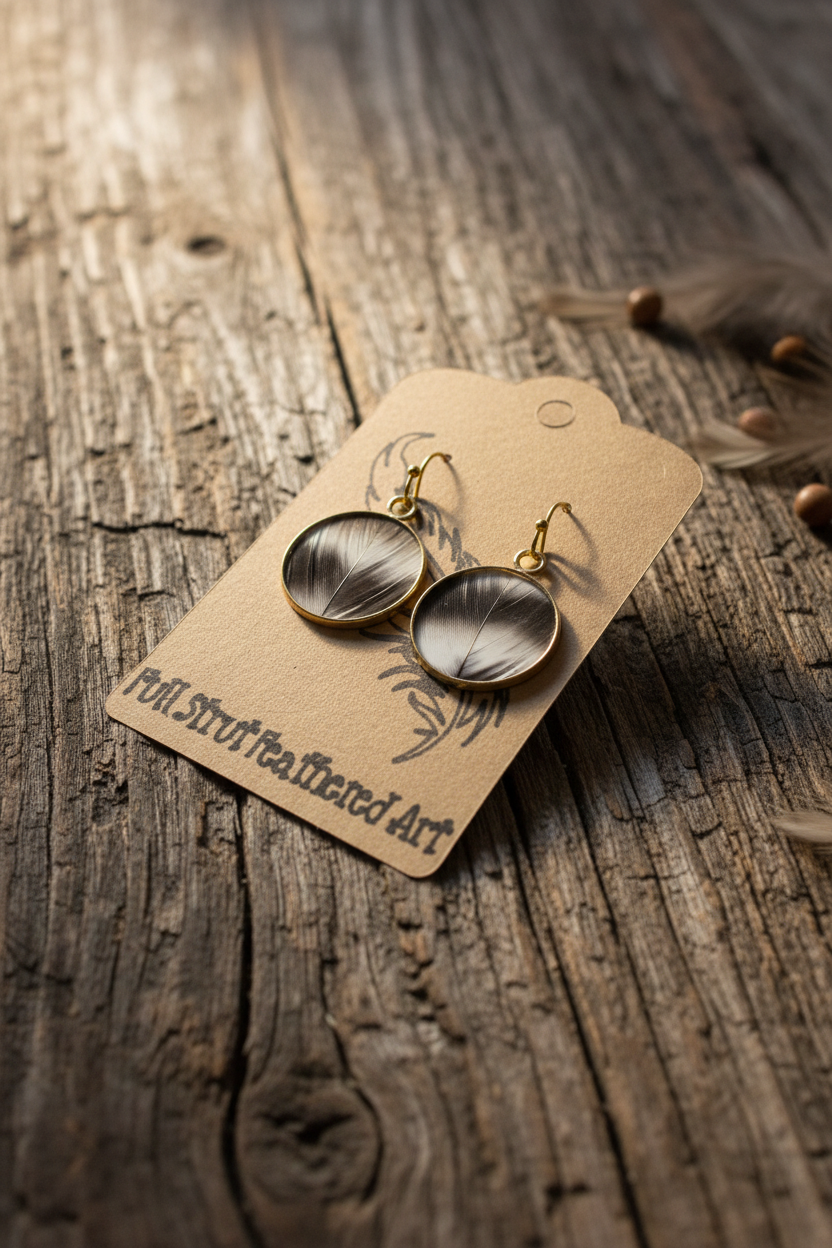 Black and white feather circle earrings with gold bezel on rustic wood background