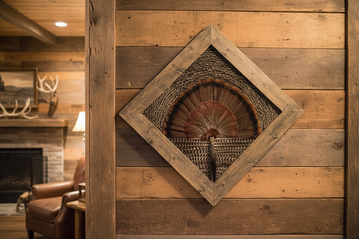 Turkey fan mount in diamond wooden frame displayed on rustic wood plank wall