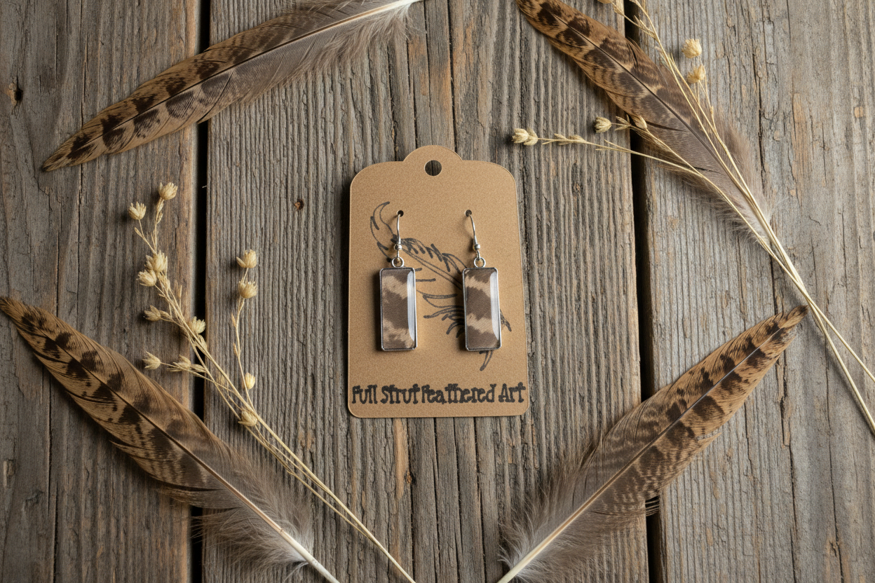 Rustic flat lay of Wild & Refined pheasant feather rectangle earrings on weathered barn wood