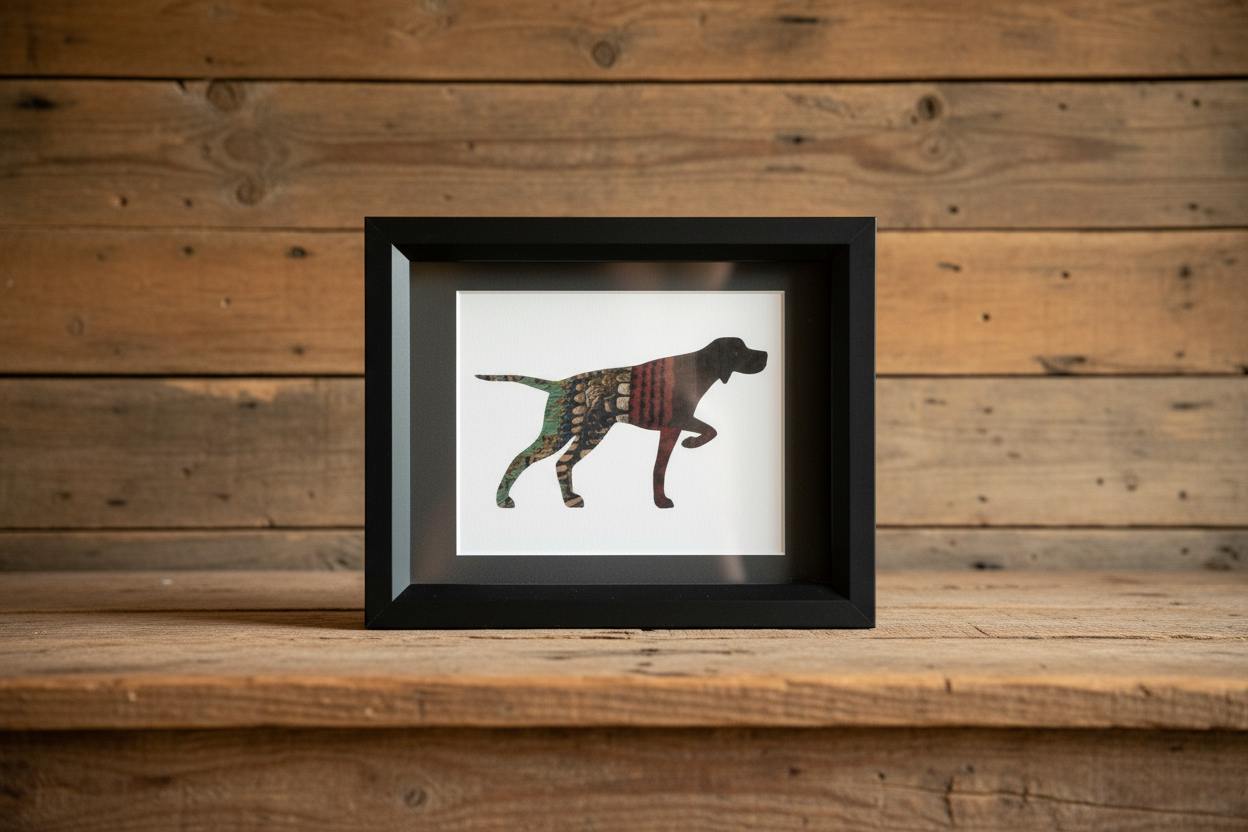 Pointer dog feathered silhouette art displayed on rustic wood background