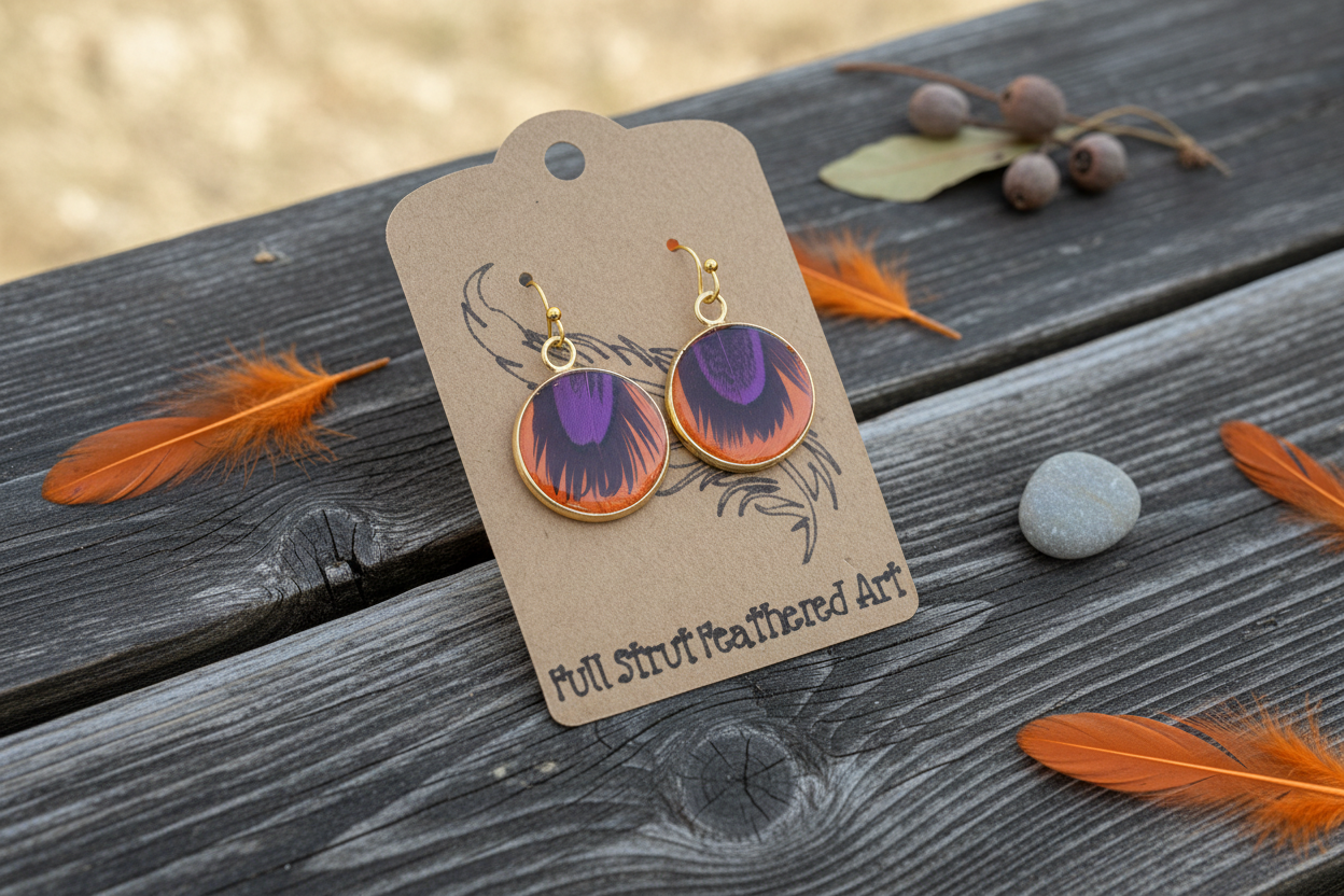 Clemson-inspired orange and purple feather circle earrings styled on a rustic weathered wood surface