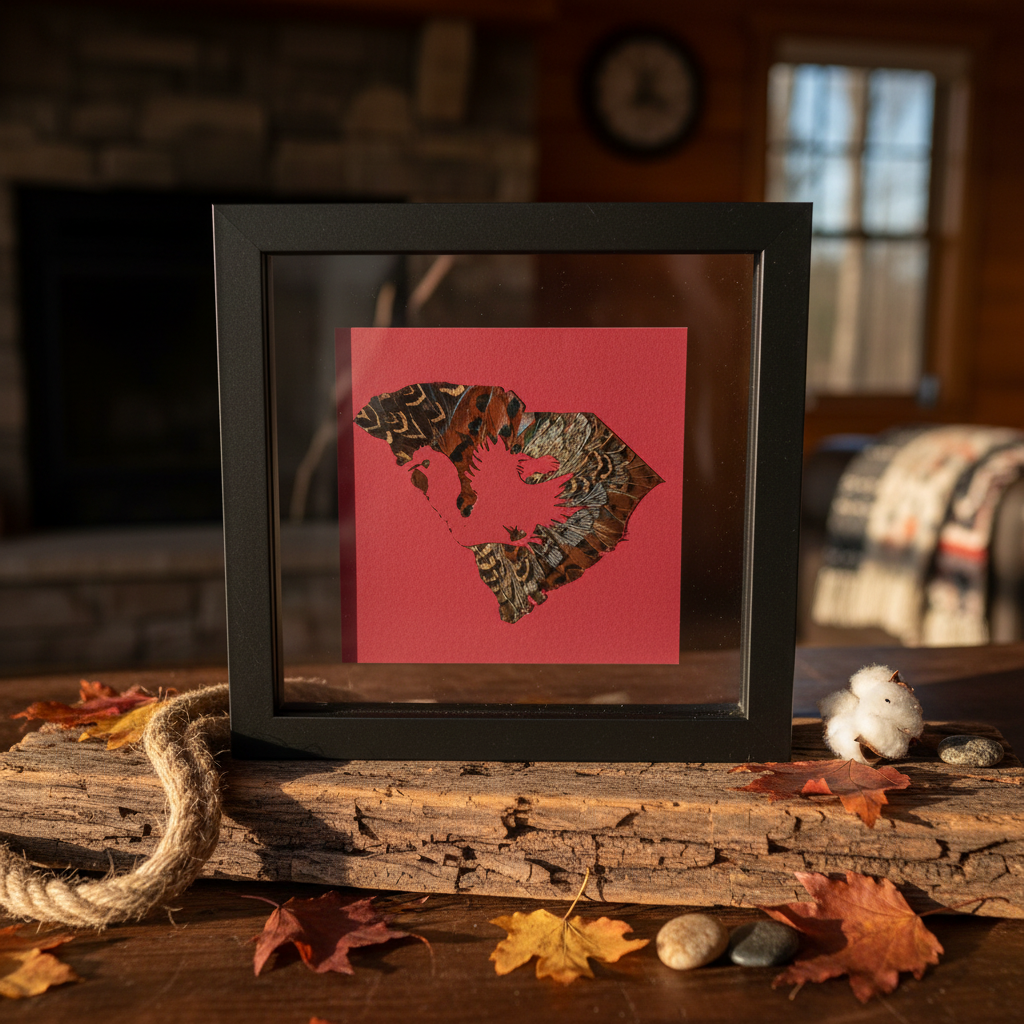 SC Gamecock in-state feather art displayed in rustic barn wood setting