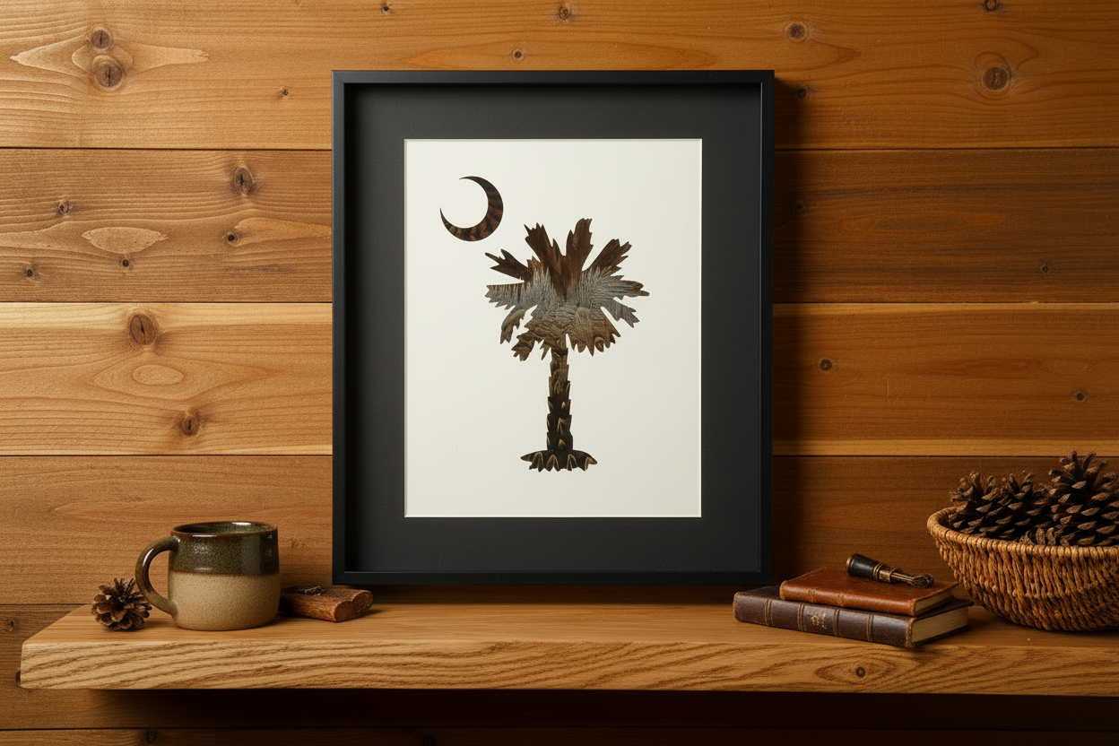 Palmetto Moon feather art in black shadow box frame