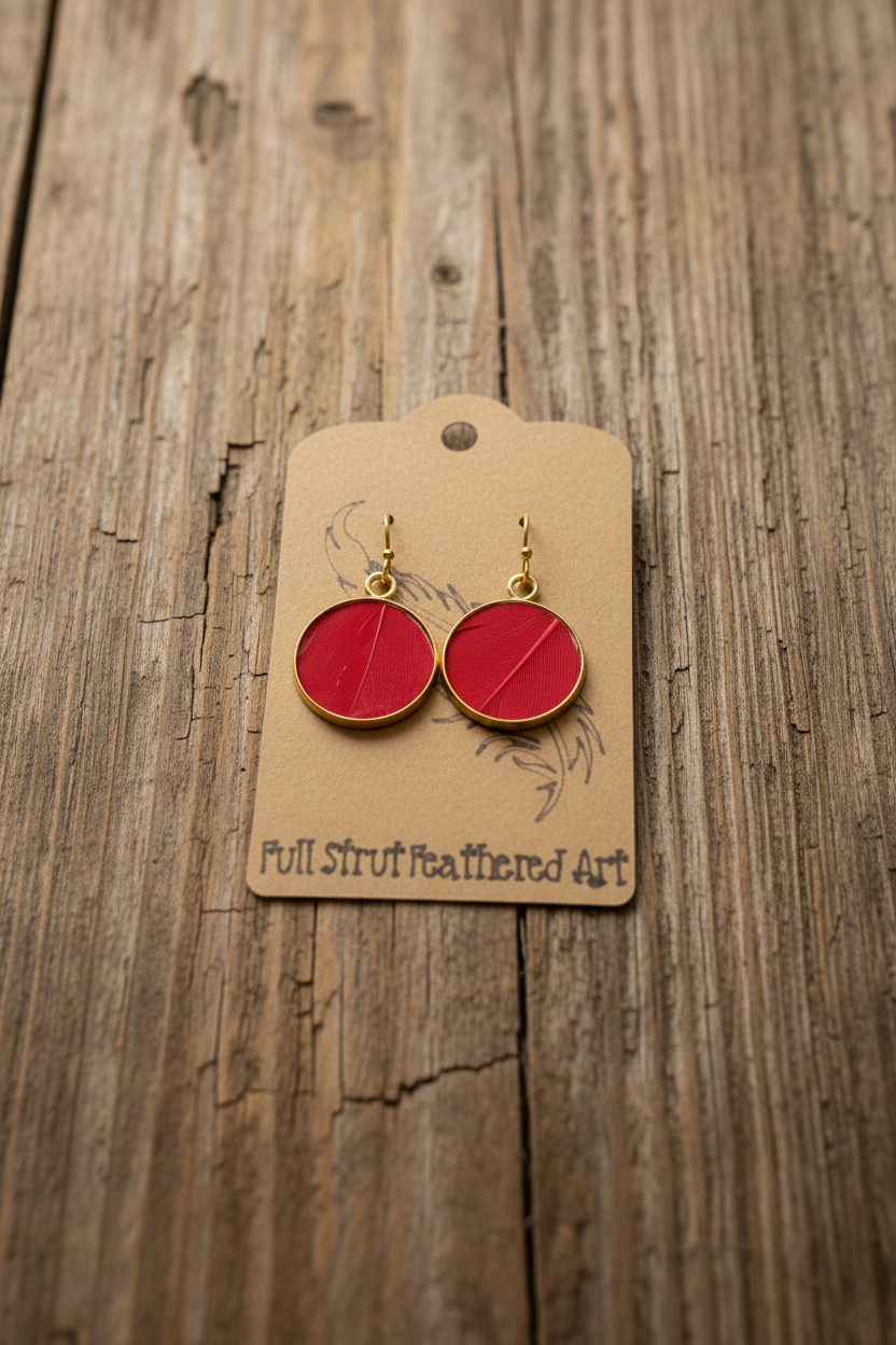 Red feather circle earrings with gold bezel on rustic wood background