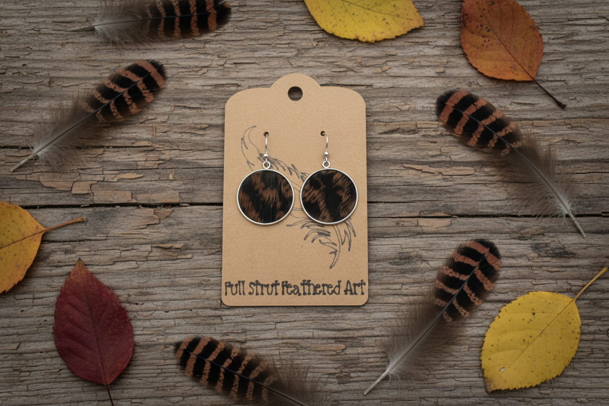 Rustic flat lay of Dark Timber turkey feather open bezel earrings on weathered barn wood