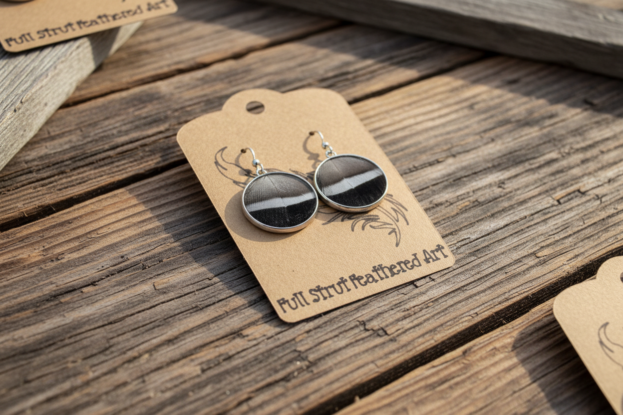 Duck feather circle earrings styled on a rustic weathered wood surface
