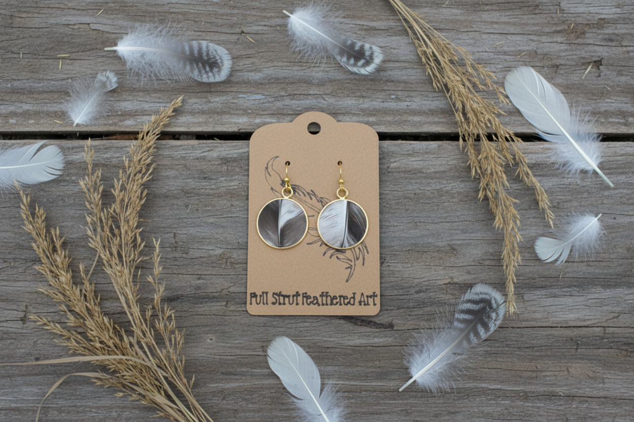 Rustic flat lay of Silver Marsh duck feather open bezel earrings on weathered barn wood