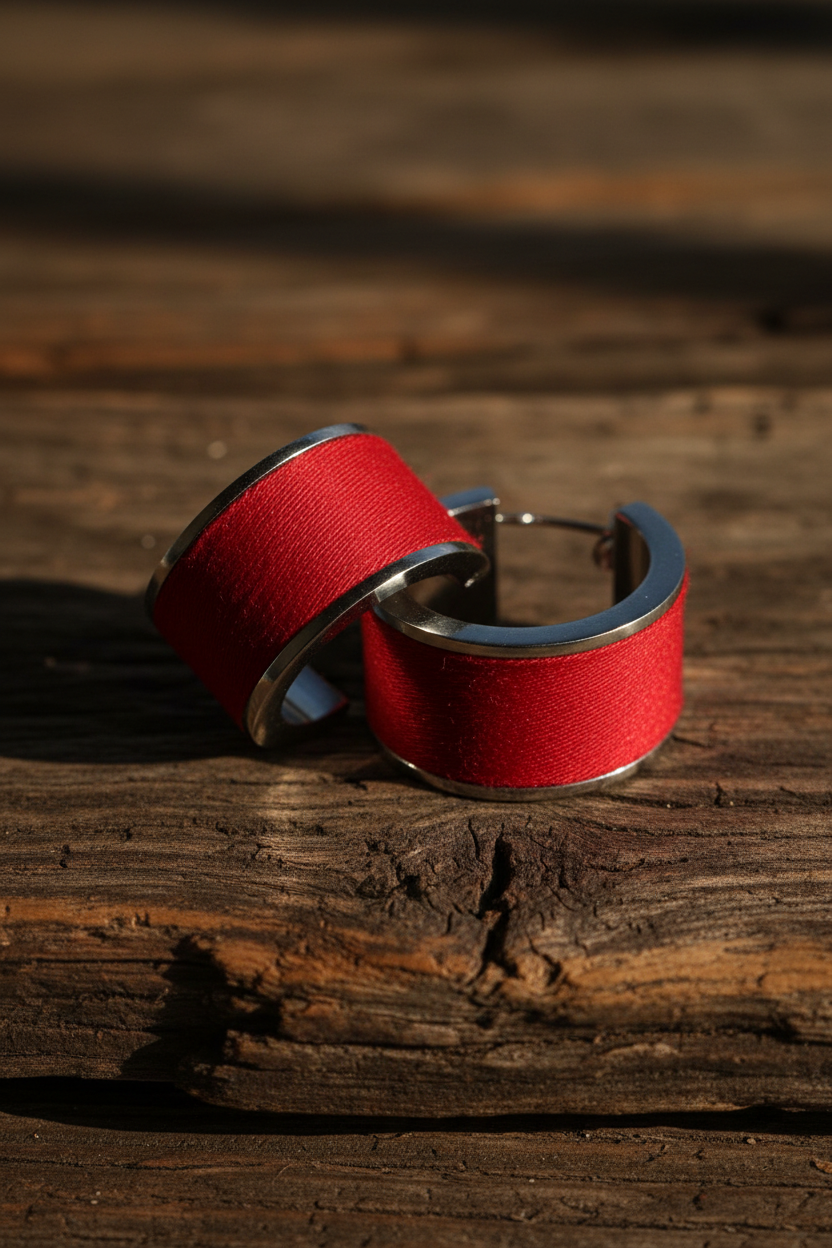 Red feather hoop earrings with silver bezel stacked on rustic wood background