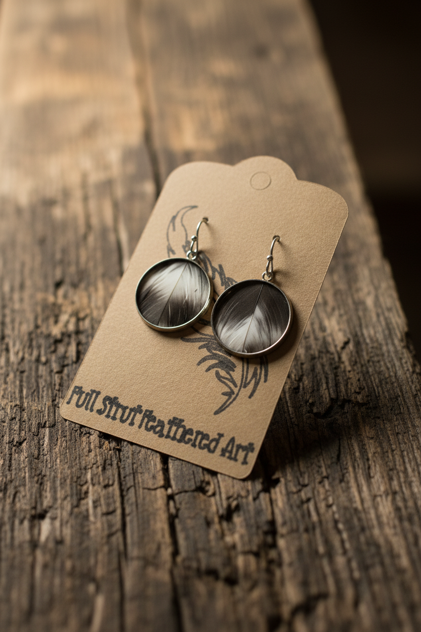 Black and white feather circle earrings with silver bezel on rustic wood background