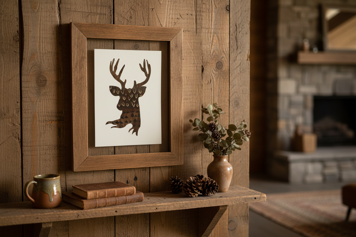 Rustic stag feather art displayed in a warm wood setting