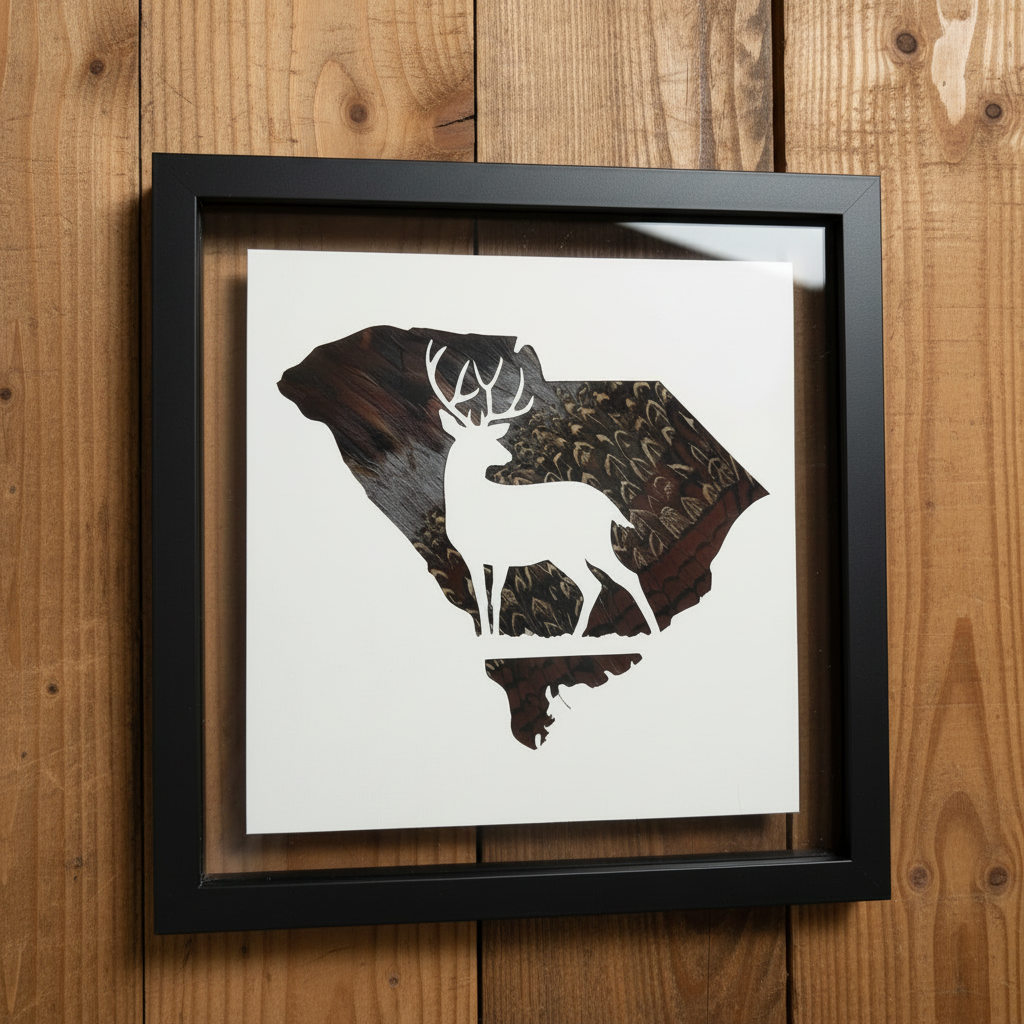South Carolina pheasant feather art with deer silhouette on rustic wood background