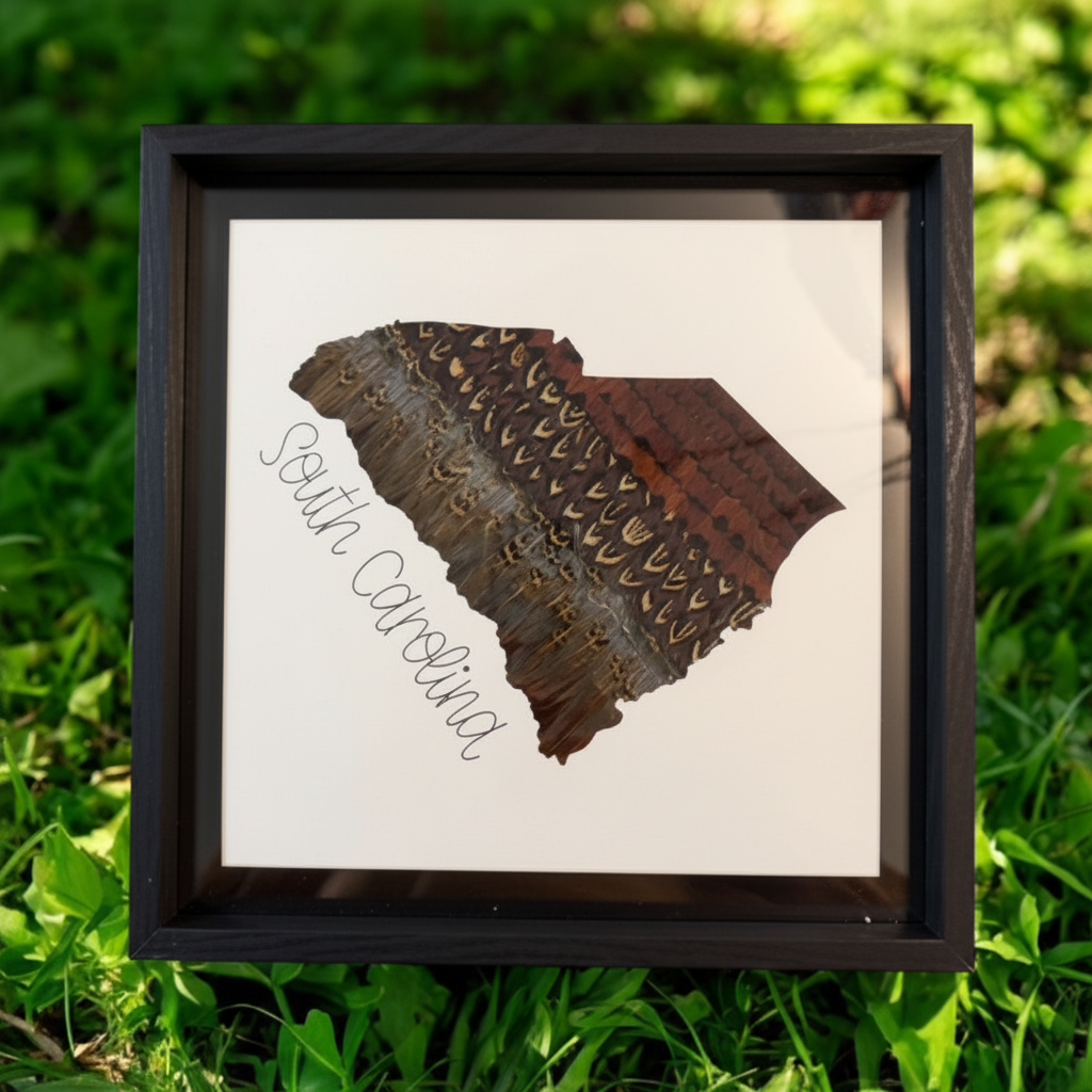 South Carolina pheasant feather art displayed outdoors on green grass