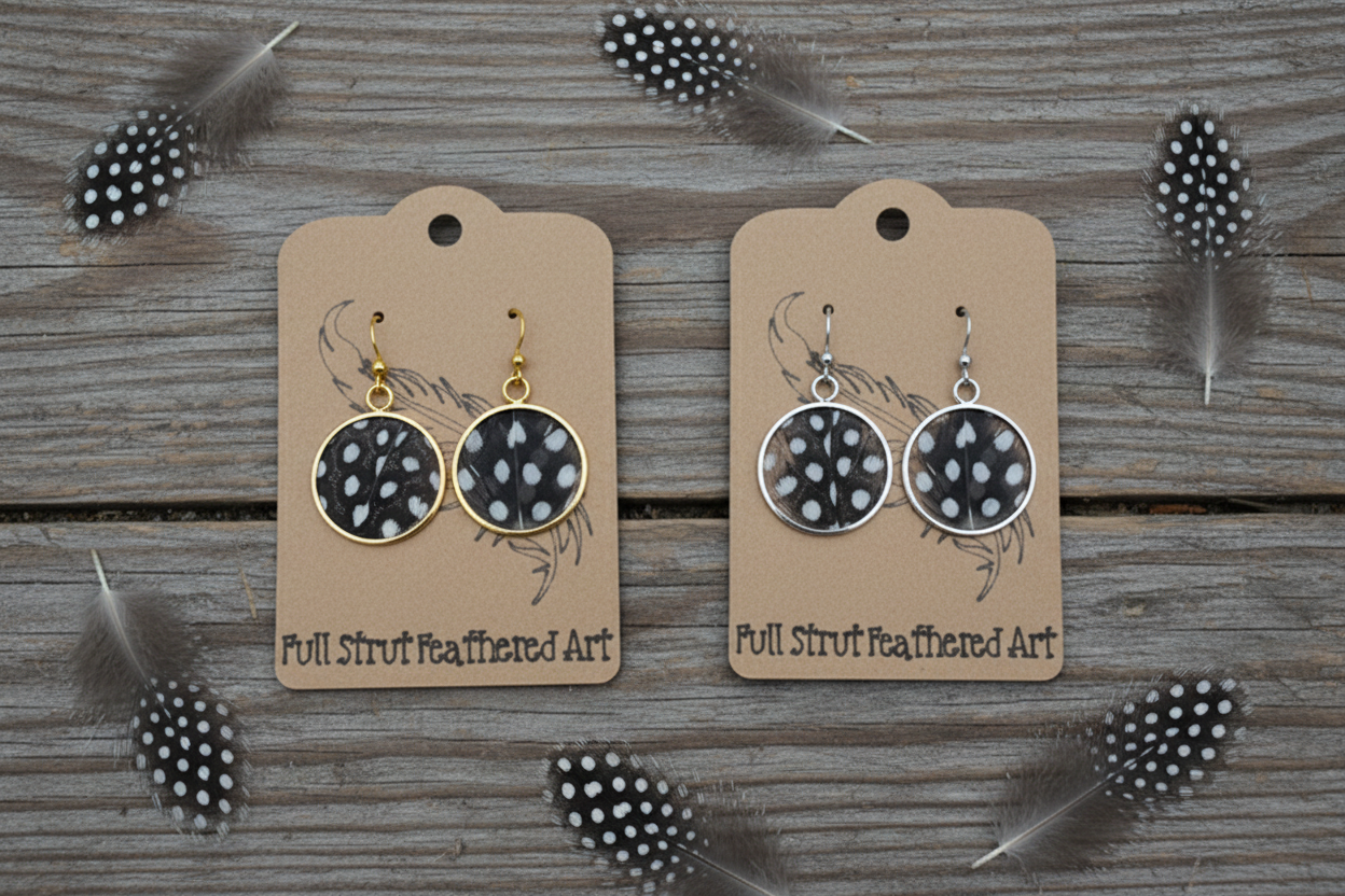 Rustic flat lay of Spotted Beauty guinea fowl feather open bezel earrings in gold and silver on weathered barn wood