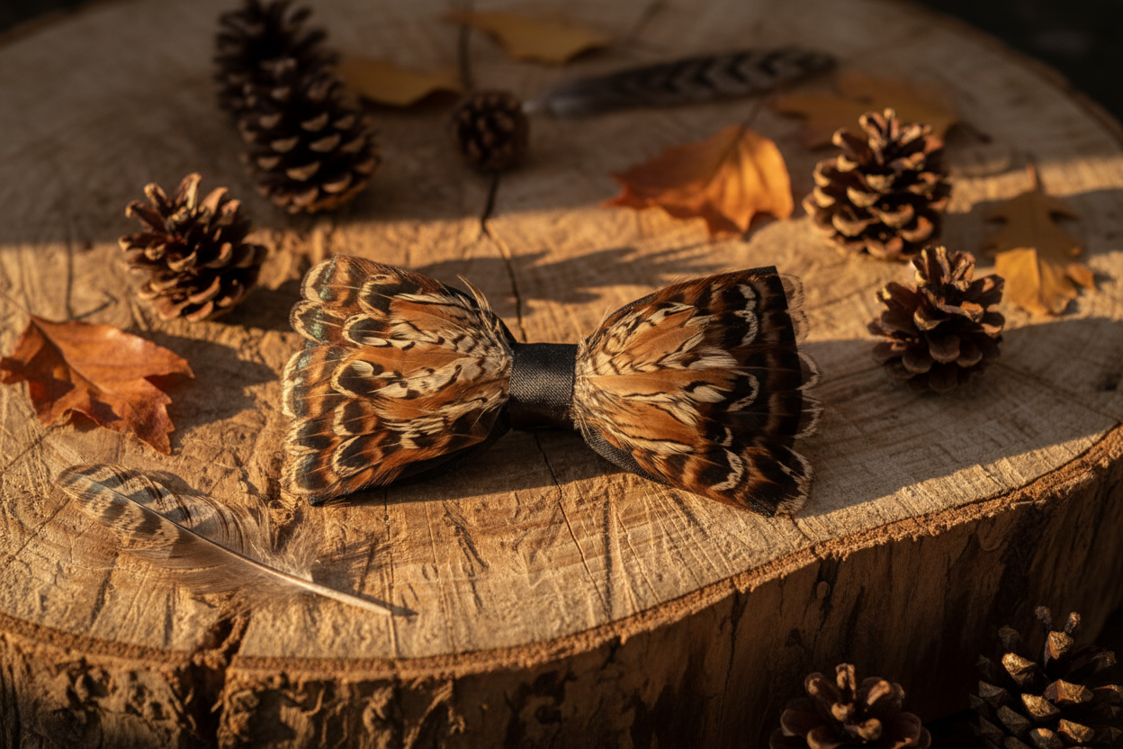 Pheasant and quail feather bow tie with pine cones and autumn leaves
